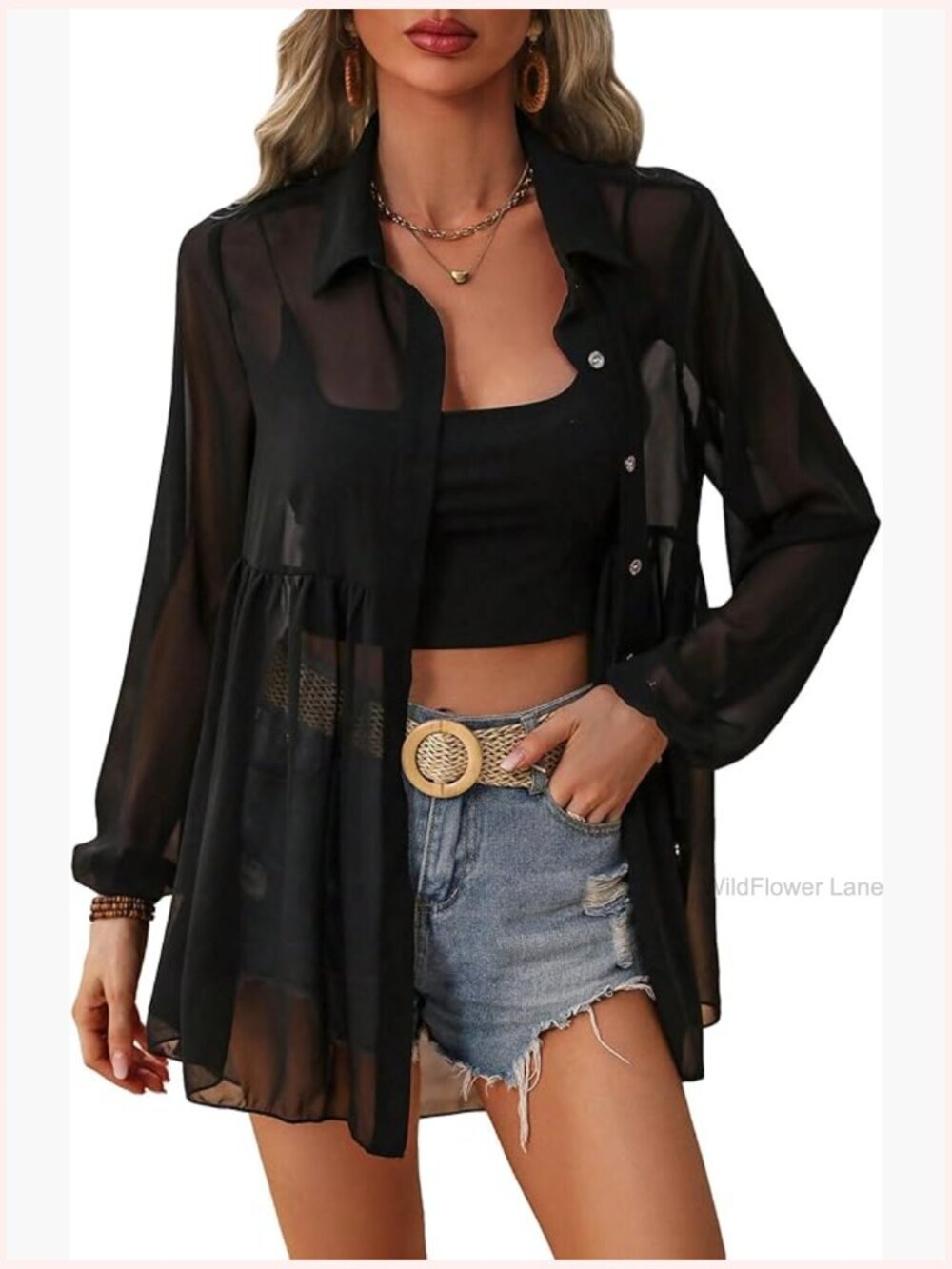 Sheer Mesh Button Down Tunic Blouse Loose Fit Ruffle Hem Cover Up